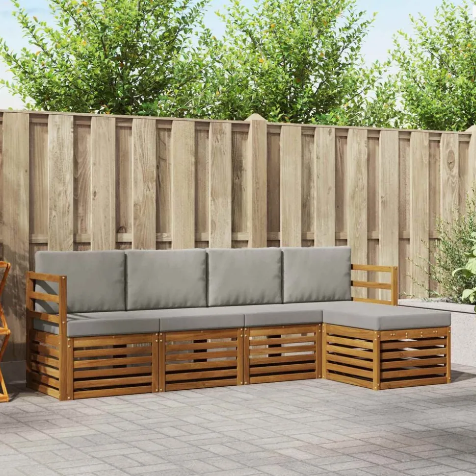 vidaXL Sofa-Sets 5 pcs Natuurlijk en Lichtgrijs Massief Acaciahout