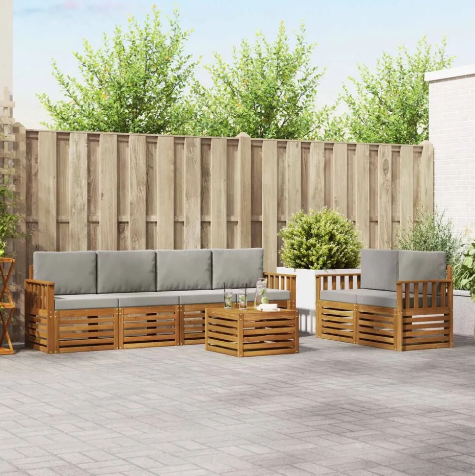 vidaXL Sofa-Sets 7 pcs Natuurlijk en Lichtgrijs Massief Acaciahout