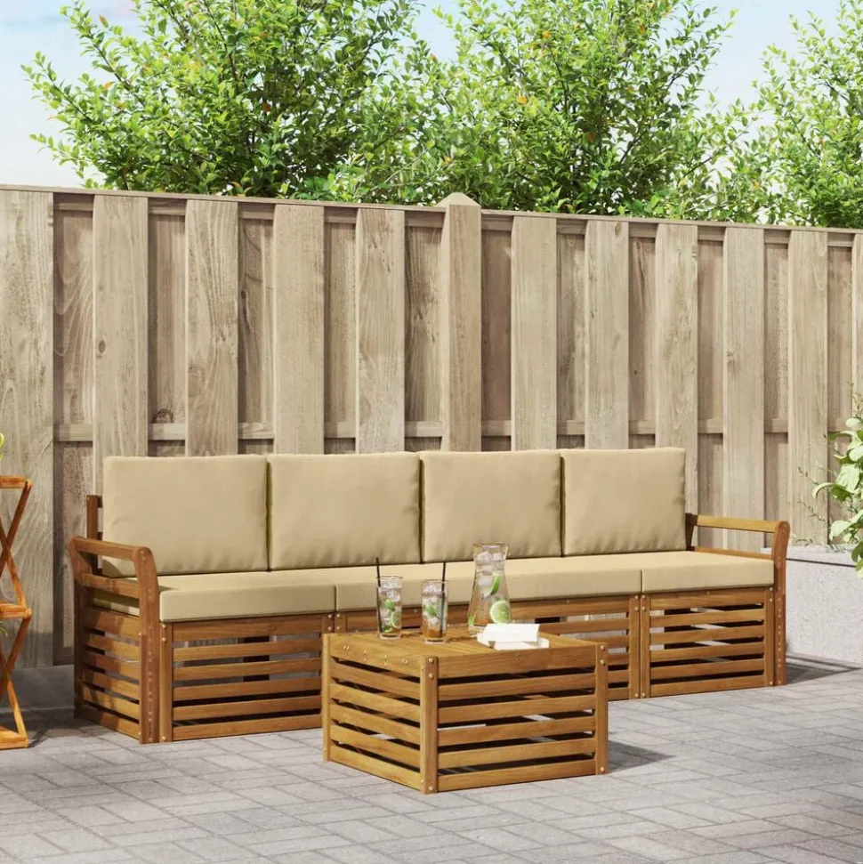 vidaXL Sofa-Sets 5 pcs Natuurlijk en Beige Massief Acaciahout