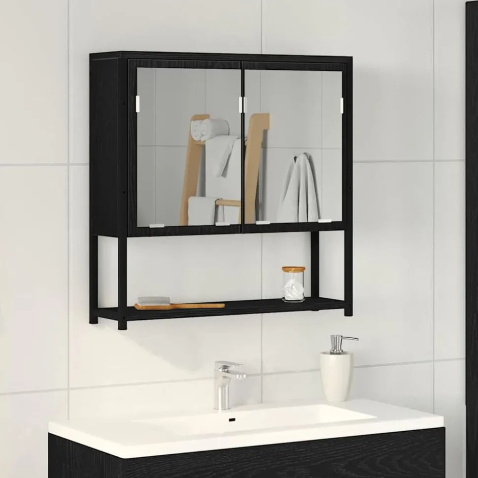 vidaXL Spiegelkast met plank Zwart Eiken 60 x 16 x 60 cm Bewerkt hout