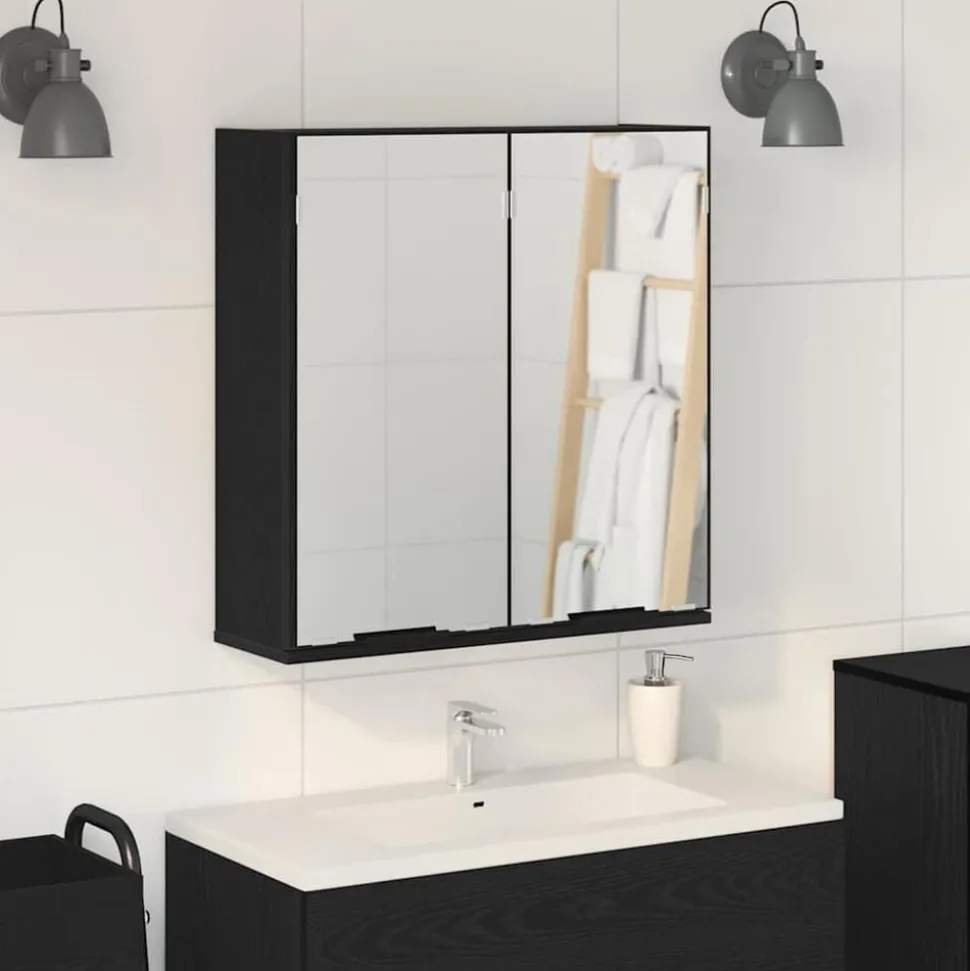 vidaXL Spiegelkast met plank Zwart Eiken 64 x 20 x 67 cm Bewerkt hout