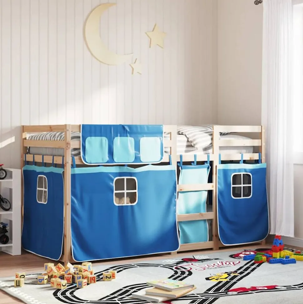 vidaXL Stapelbed met gordijnen 90x200 cm massief grenenhout blauw