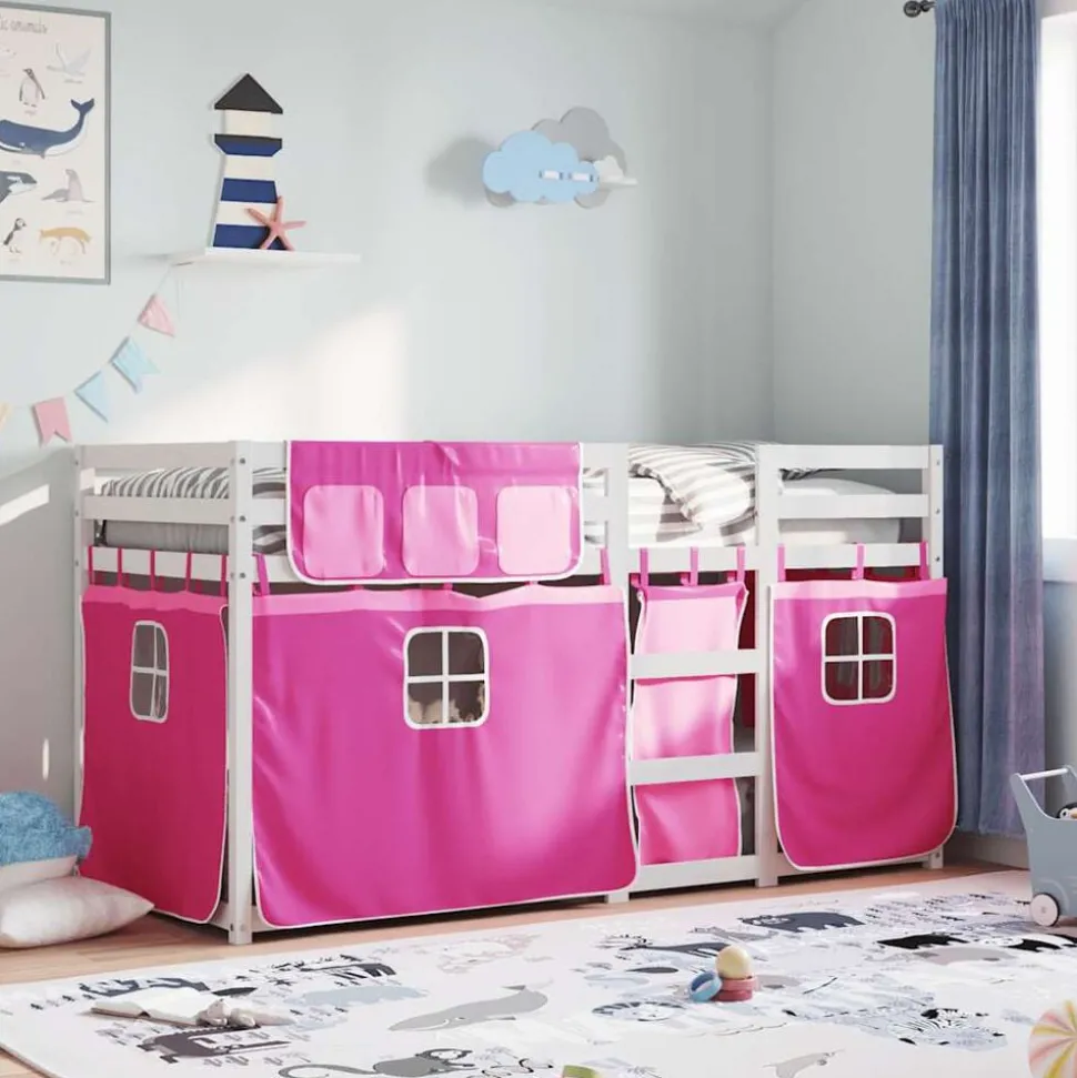 vidaXL Stapelbed met gordijnen 90x200 cm grenenhout roze