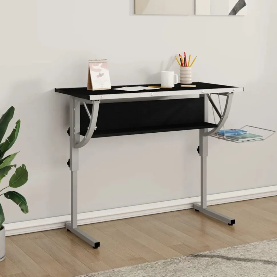 vidaXL Tekentafel 110x53x(58-87) cm bewerkt hout en staal zwart/grijs