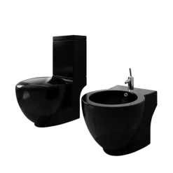 vidaXL Toilet- en bidetset staand keramiek zwart