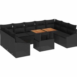 vidaXL Tuin Eetset met kussen 10 pcs Zwart en Bruin