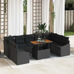 vidaXL Tuin Eetset met kussen 10 pcs Zwart en Bruin