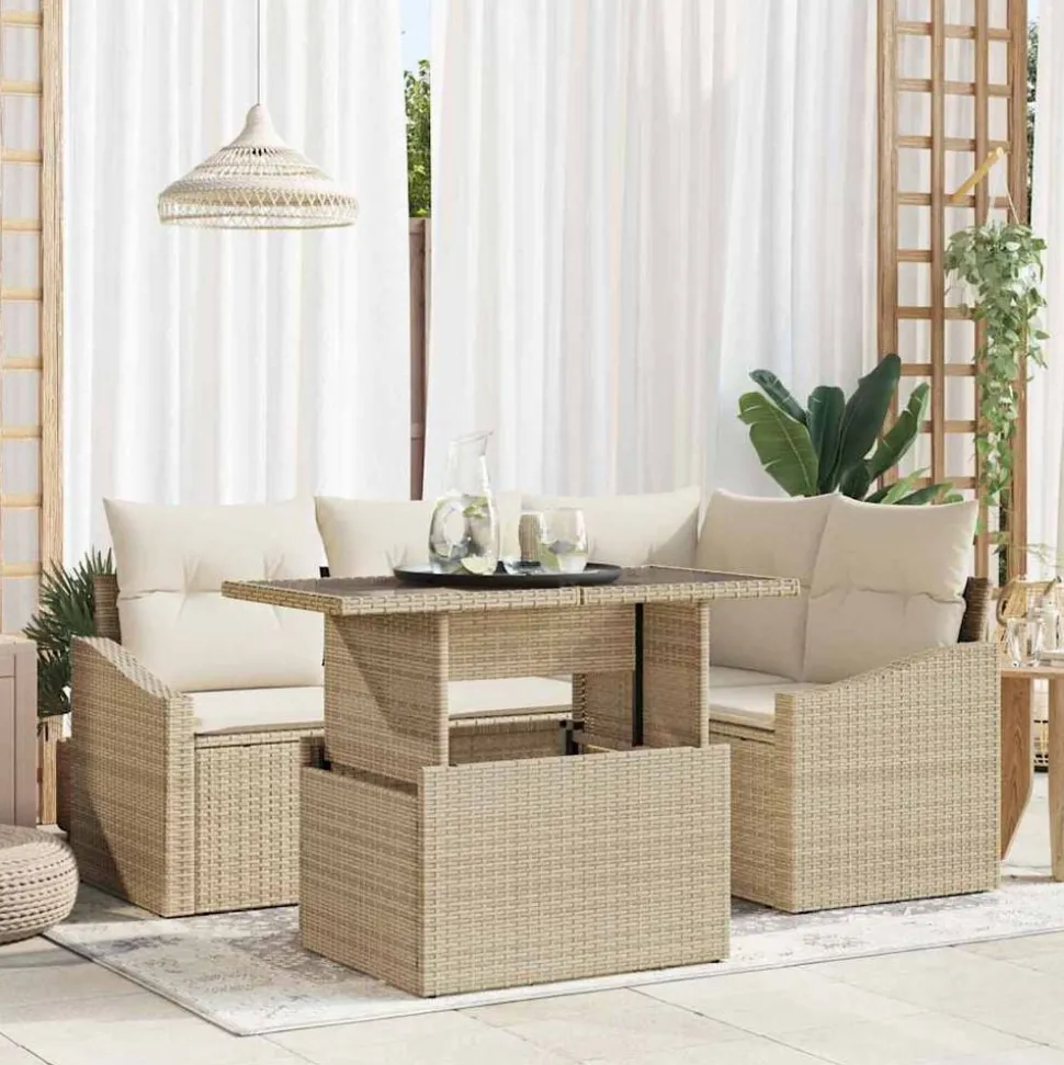 vidaXL Tuin Sofa Set met kussen met opslag 5 pcs Beige en Crème