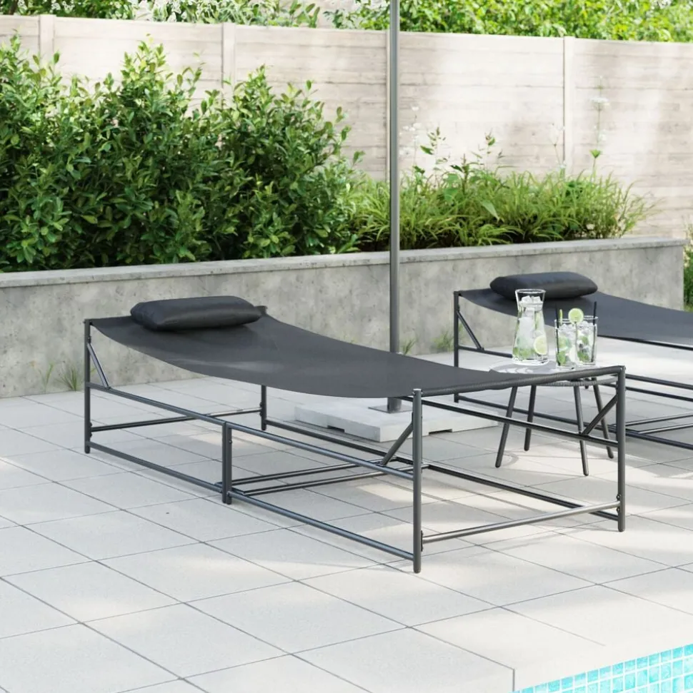 vidaXL Tuin Zonnebed met kussen 2 pcs Zwart Gepoedercoat staal