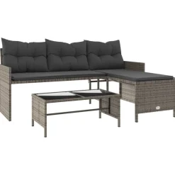 vidaXL Tuinbank met tafel en kussens L-vormig poly rattan grijs
