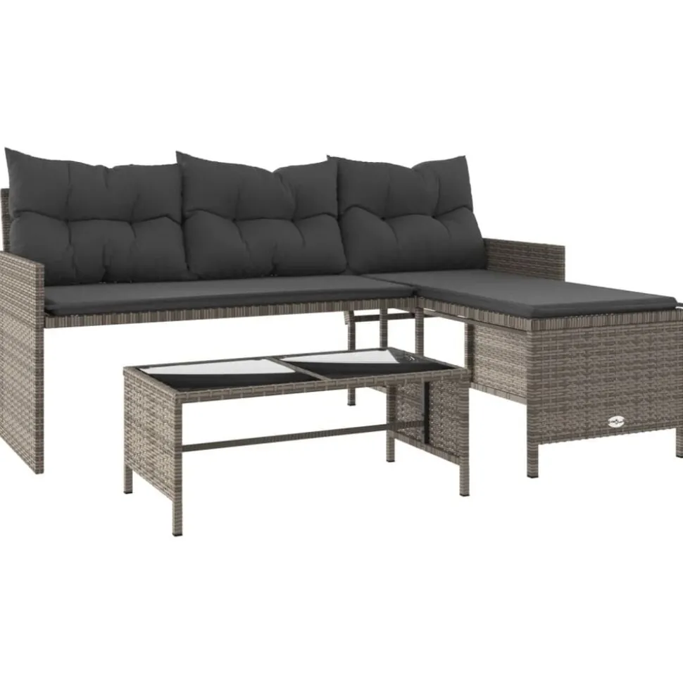 vidaXL Tuinbank met tafel en kussens L-vormig poly rattan grijs