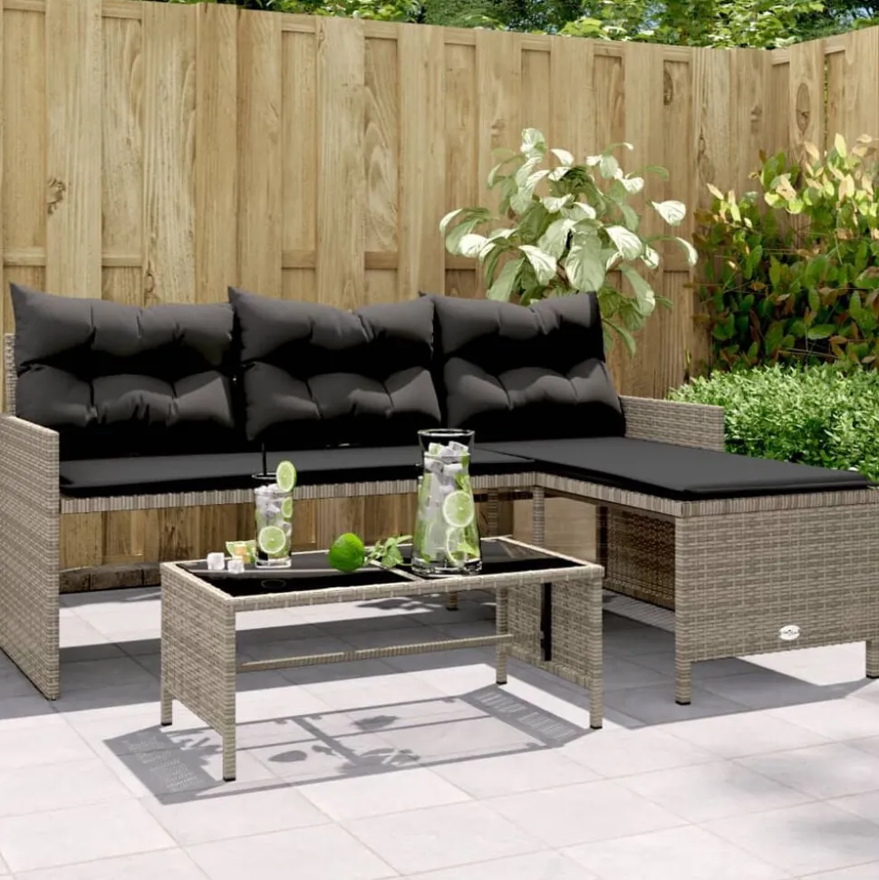 vidaXL Tuinbank met tafel en kussens L-vormig poly rattan grijs