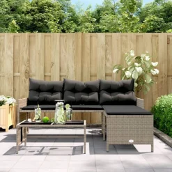 vidaXL Tuinbank met tafel en kussens L-vormig poly rattan grijs