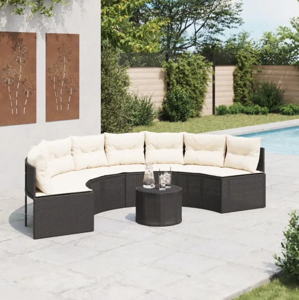 vidaXL Tuinbank met tafel en kussens halfrond poly rattan zwart