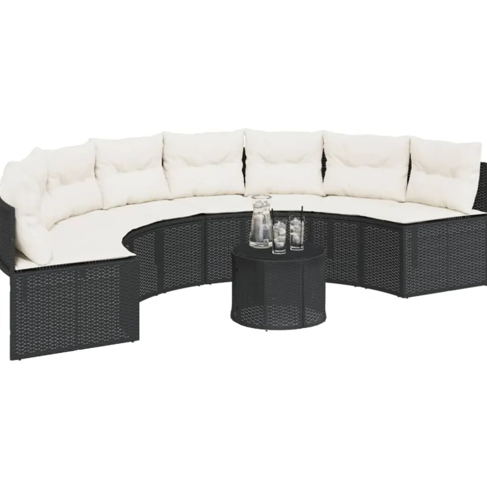 vidaXL Tuinbank met tafel en kussens halfrond poly rattan zwart