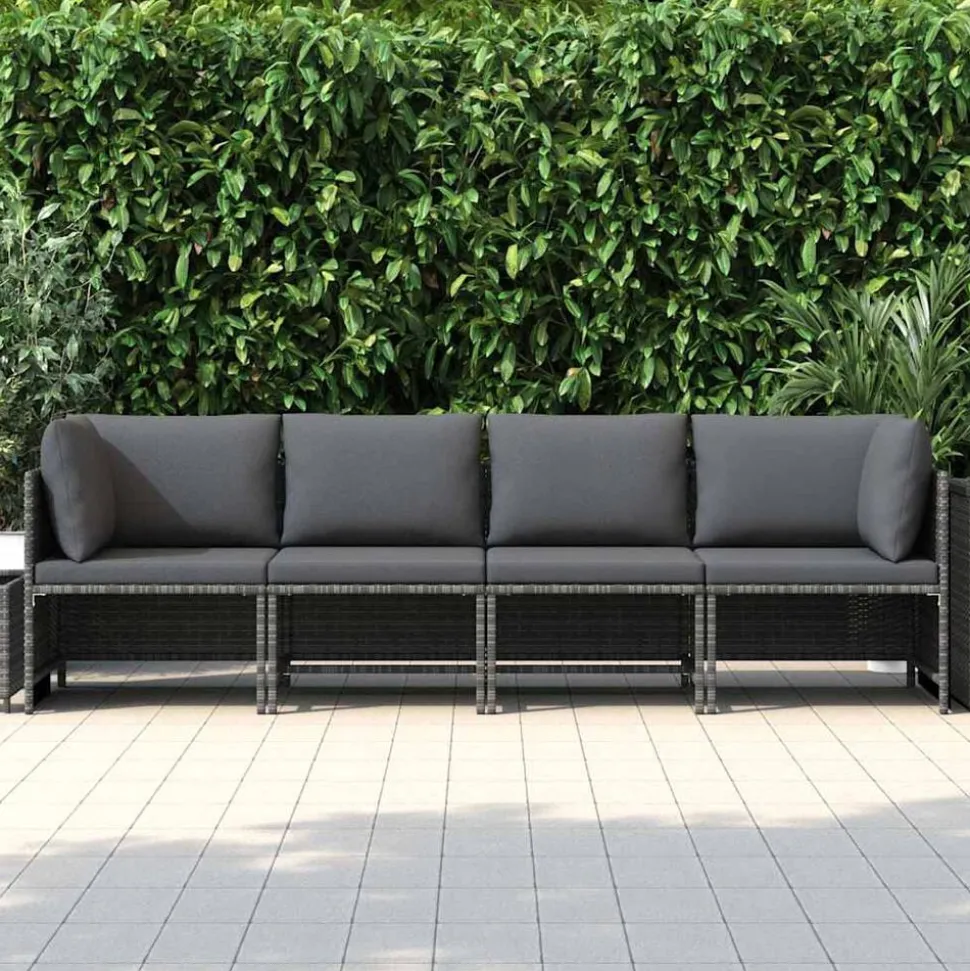 vidaXL Tuinbank 4-zits met kussens poly rattan grijs