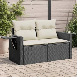vidaXL Tuinbank 2-zits met kussens poly rattan zwart
