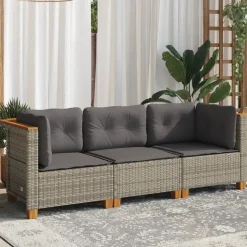 vidaXL Tuinbank 3-zits met kussens poly rattan grijs