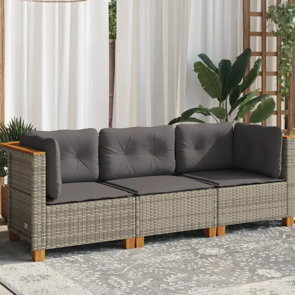 vidaXL Tuinbank 3-zits met kussens poly rattan grijs