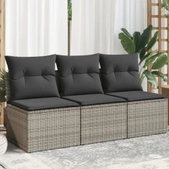 vidaXL Tuinbank 3-zits met kussens poly rattan grijs