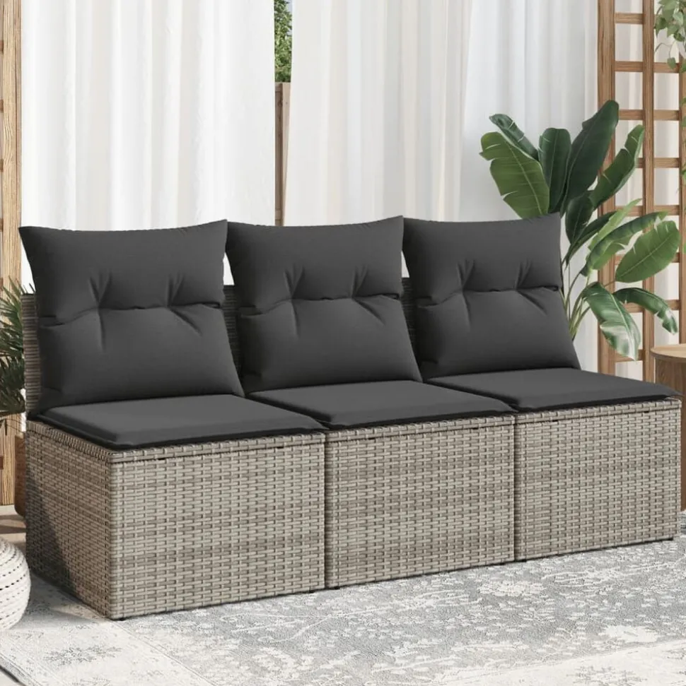 vidaXL Tuinbank 3-zits met kussens poly rattan grijs