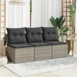 vidaXL Tuinbank 3-zits met kussens poly rattan grijs
