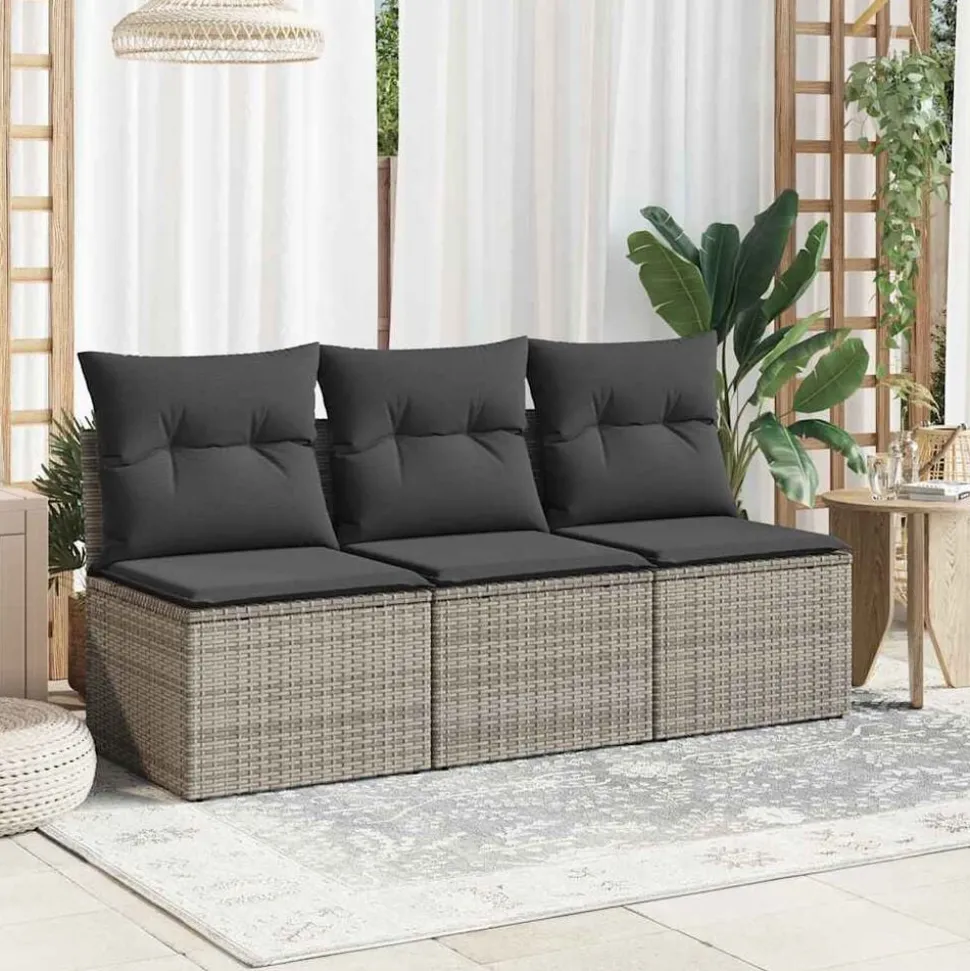 vidaXL Tuinbank 3-zits met kussens poly rattan grijs
