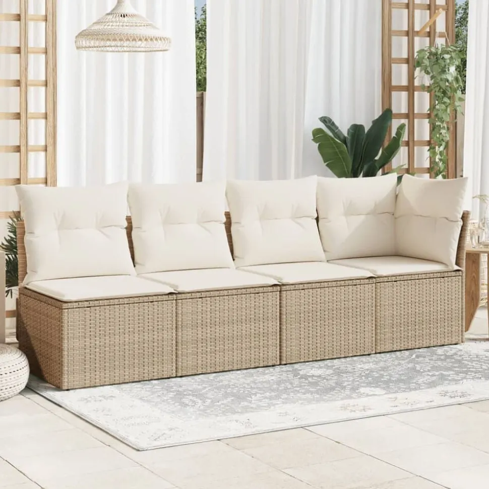 vidaXL Tuinbank 4-zits met kussens poly rattan beige