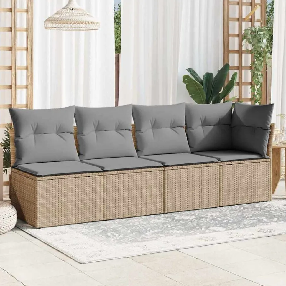 vidaXL Tuinbank 4-zits met kussens poly rattan beige