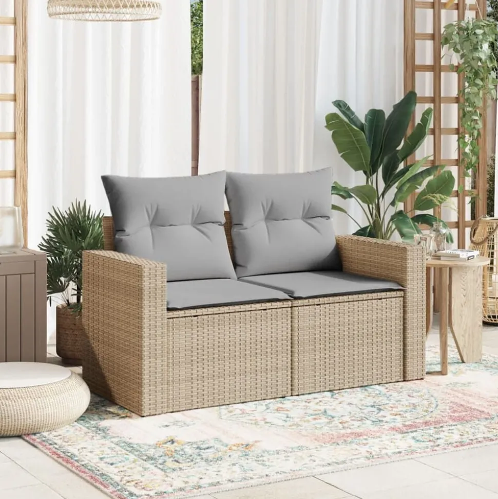 vidaXL Tuinbank 2-zits met kussens poly rattan beige