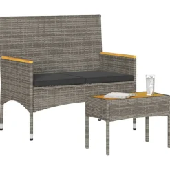 vidaXL Tuinbank 2-zits met kussens en tafel poly rattan grijs