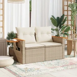 vidaXL Tuinbank 2-zits met kussens poly rattan beige