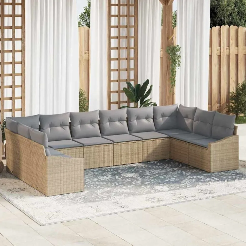 vidaXL Tuinbankenset 10 pcs Beige en Licht Grijs poly rattan