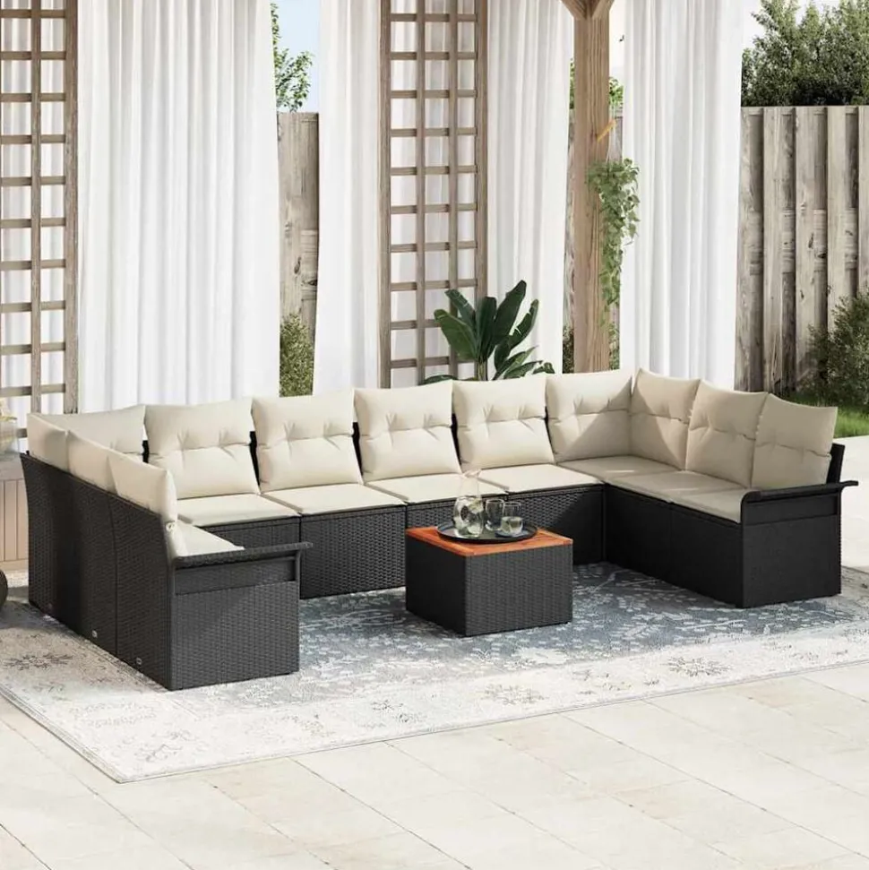 vidaXL Tuinbankenset met kussen 11 pcs Zwart poly rattan