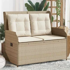 vidaXL Tuinbankje verstelbaar met kussens poly rattan beige