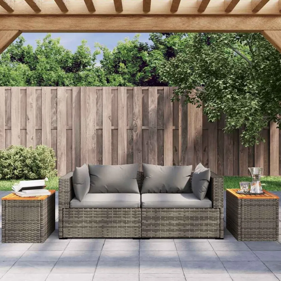 vidaXL Tuinbijzettafels 2 st 55x34x37 cm poly rattan en hout grijs