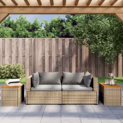vidaXL Tuinbijzettafels 2 st 55x34x37 cm poly rattan en hout beige