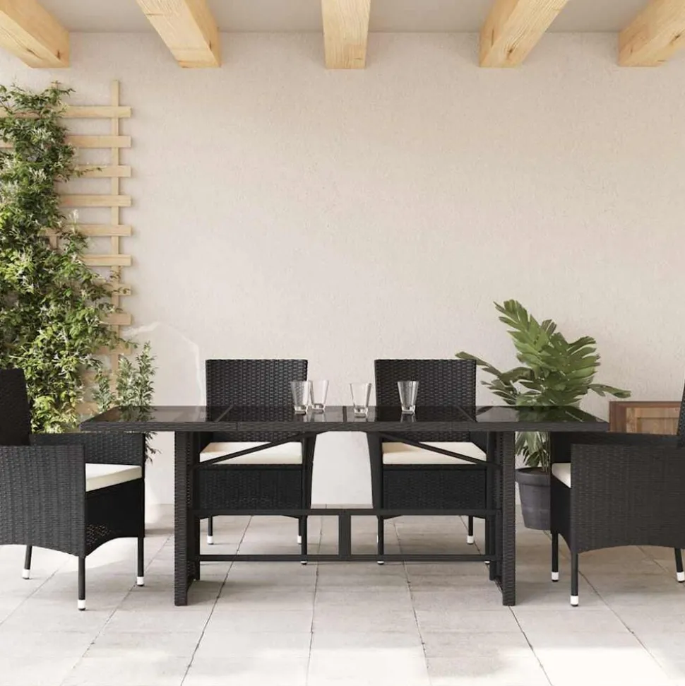 vidaXL Tuintafel met glazen blad 190x80x74 cm poly rattan zwart