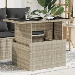 vidaXL Tuintafel met glazen blad 100x55x73 cm poly rattan lichtgrijs