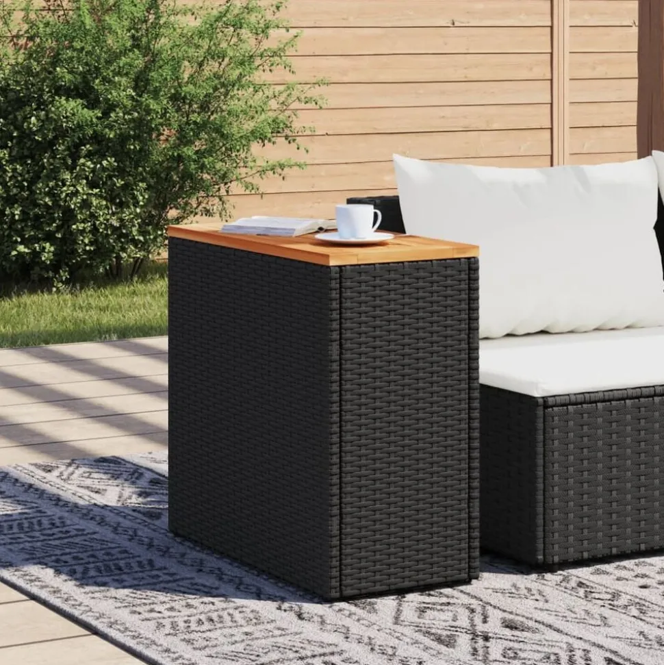 vidaXL Tuintafel met houten blad zwart 58x27,5x55 cm poly rattan