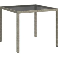 vidaXL Tuintafel 90x90x75 cm gehard glas en poly rattan grijs