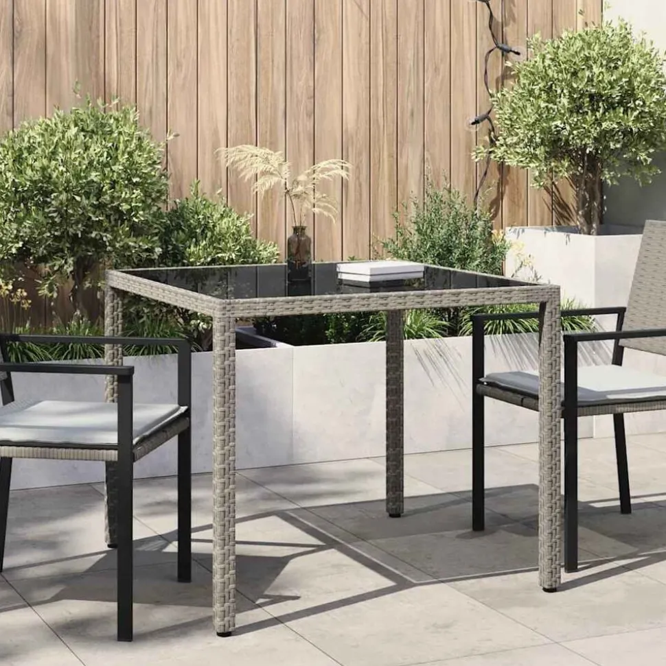 vidaXL Tuintafel 90x90x75 cm gehard glas en poly rattan grijs