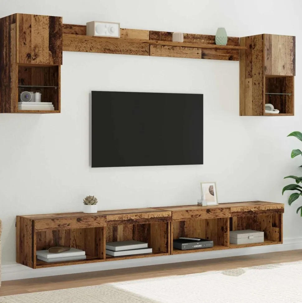 vidaXL TV Wand Eenheden met LED met LED 6 pcs Oudhout Bewerkt hout