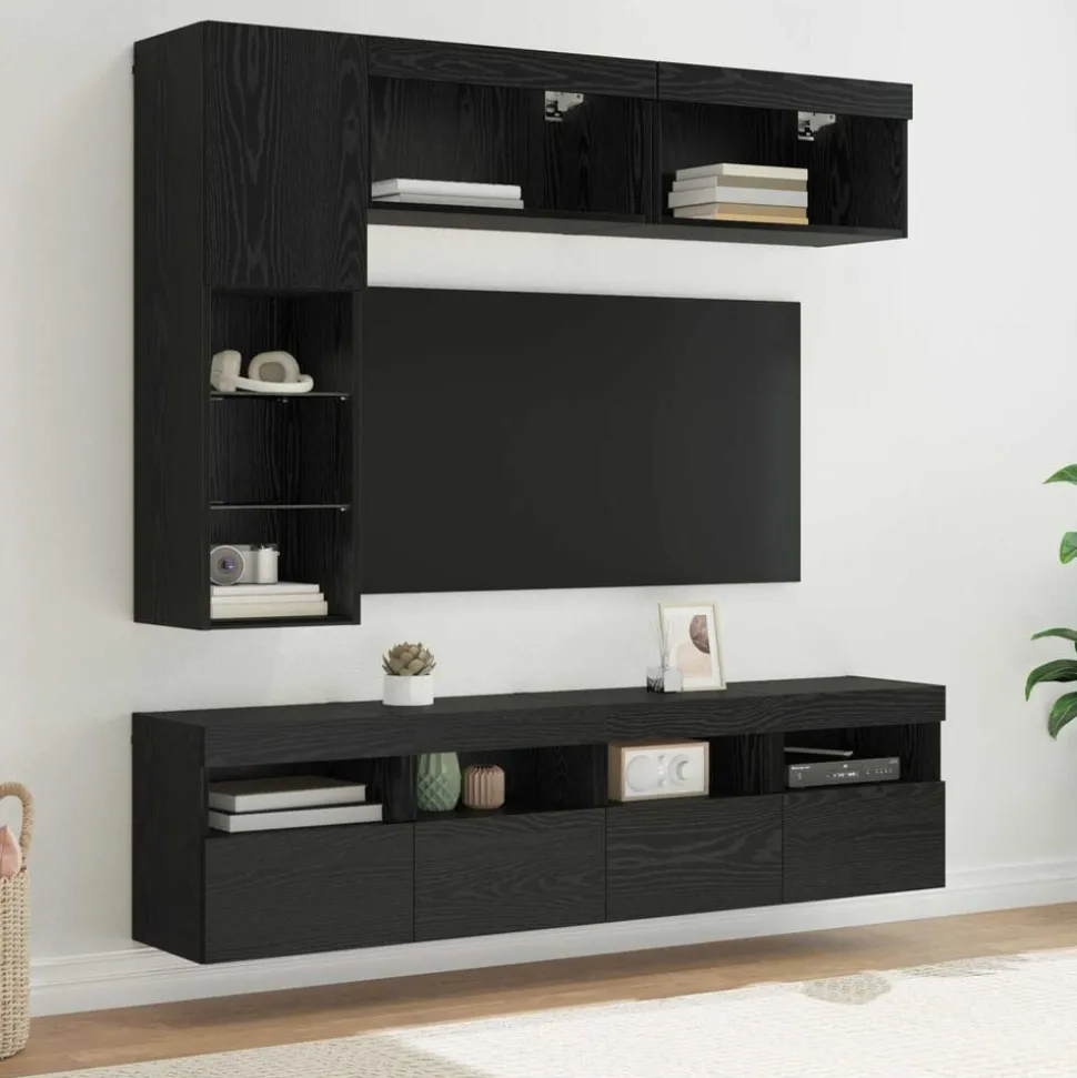vidaXL TV-kast met LED Wandgemonteerd 7 pcs Zwart Eiken Bewerkt hout