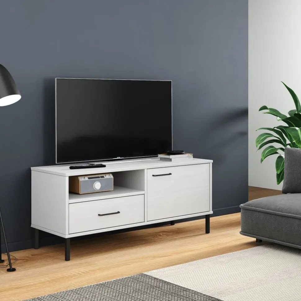 vidaXL Tv-meubel met metalen poten OSLO massief grenenhout wit