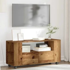 vidaXL Tv-meubel met wielen 102x34,5x43 cm bewerkt hout oud hout
