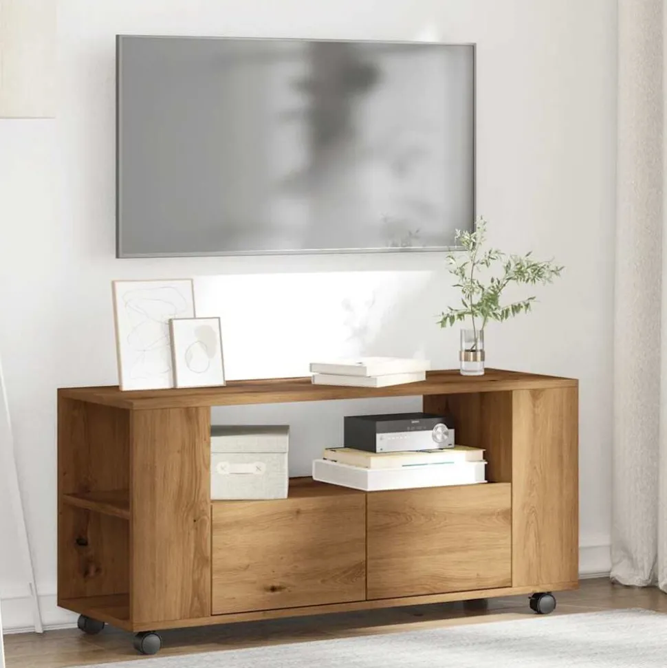 vidaXL Tv-meubel met wielen 102x34,5x43 cm hout artisanaal eiken