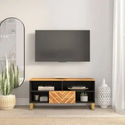 vidaXL Tv-meubel 100x33,5x46 cm massief mangohout bruin en zwart