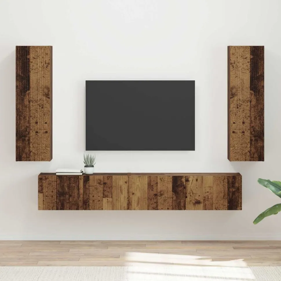 vidaXL Tv-meubelset Wandgemonteerd 3 pcs Oudhout Bewerkt hout