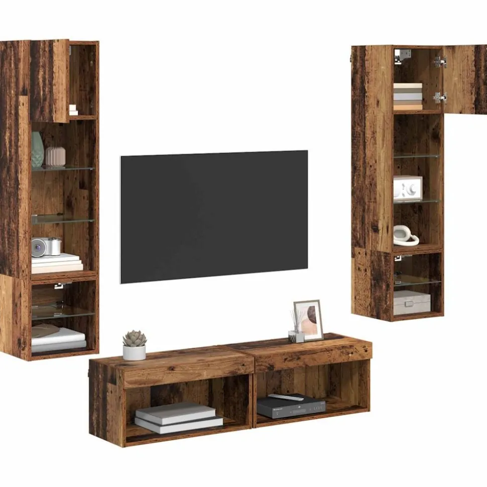 vidaXL TV-wandmeubel met LED-striplichten 6 pcs Oud Hout Bewerkt hout
